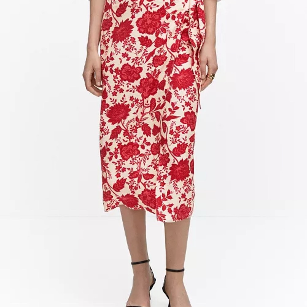 Mango Floral Wrap Linen Midi Skirt